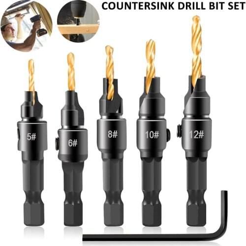 5pcs Countersink Drill HSS Woodworking Drill Bit Set 1/4 Quick Change Hex Shank Screw Carpentry Drilling Pilot Holes