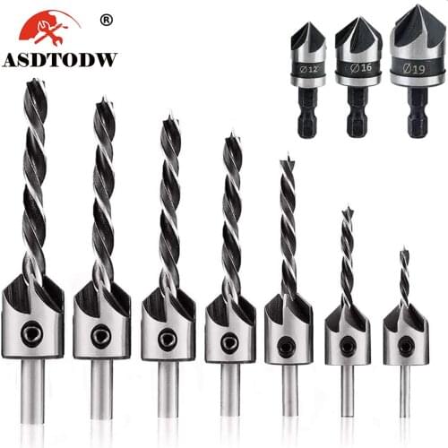 10pcs 3mm-10mm HSS 5 Flute Countersink Drill Bit Set Carpentry Reamer Woodworking Chamfer End Milling Hole Wood