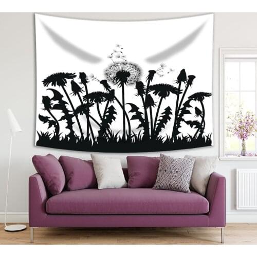 Field of Tapestry Dandelion Flowers Black Silhouettes on Plants of White Nature Artwork
