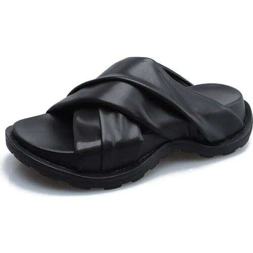 New Summer Women Beach Slippers Girls Real Leather Platform Flats Woman Slides Ladies Outside Shoes Female Footwear Brand Slides