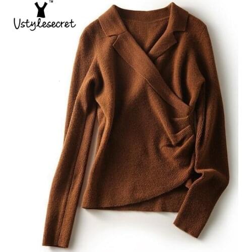 Women Turn Down Collar Sweater Solid Office Lady Elegant кофта женская Autumn Korean Fashion Crossed Cover Female Tops YS06044