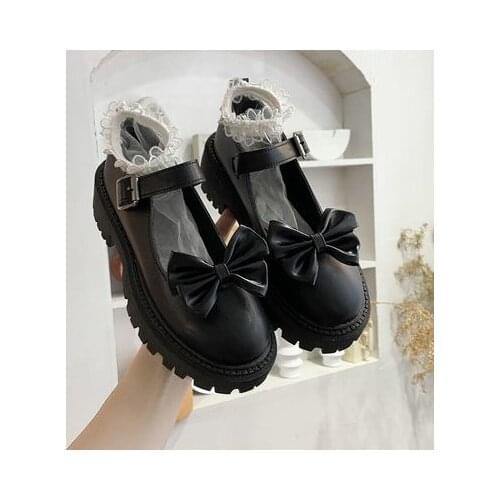 Lolita Shoes Women Flats Mary Janes Patent Leather Shoes Flower Lace Ruffle Round Toe Black Girls Retro Cosplay Kawaii Shoes