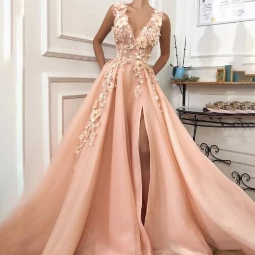 V-neck 3D Flowers Applique Lace Coral Tulle Prom Dress Sleeveless Evening Gowns with Crystals Formal Gowns