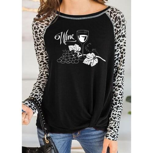 Wine Grapes Glass Shirt female T Shirts Women Casual Autumn Leopard Long Sleeve round neck girl Tops Tee