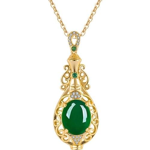 Vintage Carving Vase Green Jade Emerald Gemstones Diamonds Pendant Necklaces for Women Gold Color Jewelry Bijoux Birthday Gifts