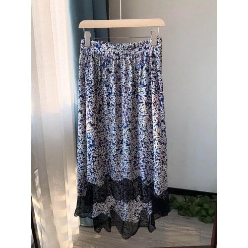 Spring/Summer 2021 New Retro Floral Lace Stitching Irregular Silk Midi Skirt with Short Front and Long Back