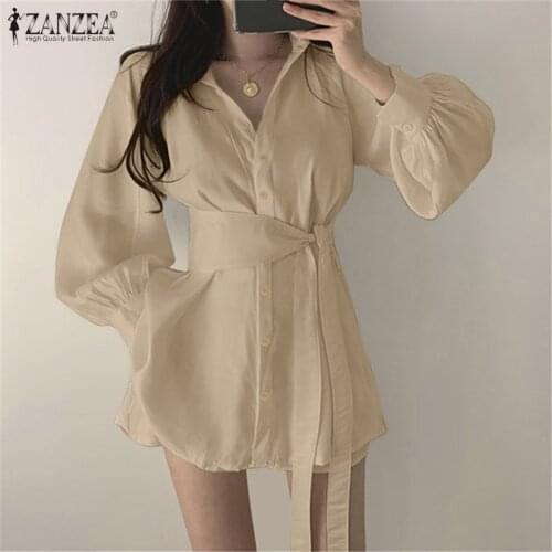 Fashion Women Button Down Blouses ZANZEA Spring Shirts Bleted Full Puff Sleeve Blusas Female OL Office Tunic Chemise