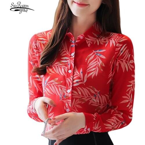 Chemisier Femme 19 New Long Sleeve Printed Chiffon Blouse Women Shirt OL Vintage Cardigan Women Blouse Tops Red Clothes 7024 50