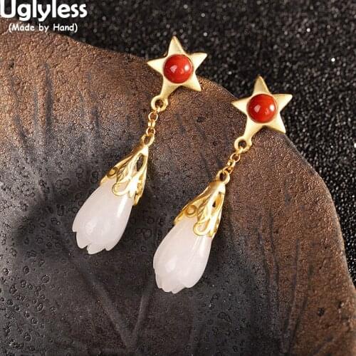 Uglyless Twinkle Gold Stars Earrings for Women Natural Jade Magnolia Floral Earrings Real 925 Silver Flowers Brincos Dress jewel