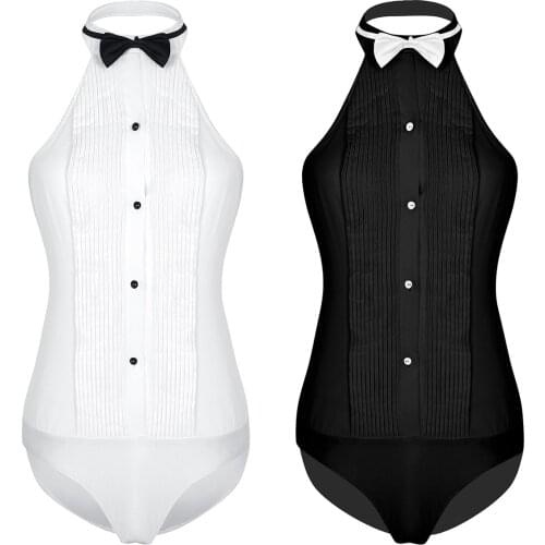 Women Sexy Haltered Wing Tip Collar Tuxedo Shirt One Piece + Bow Tie Bodysuit Sleeveless Body Suit for Work Club Casual wear