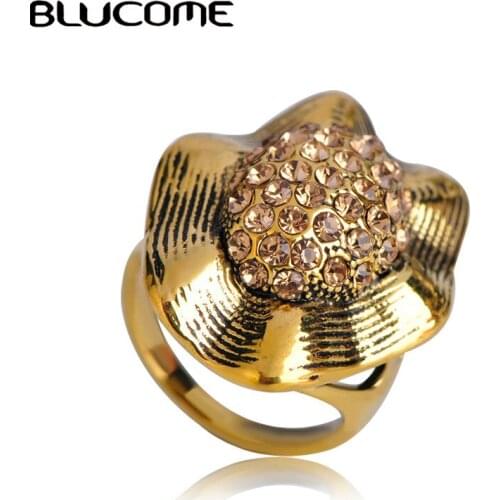 Blucome Classic Vintage Style Antique Gold Color Big Rings Crystal Alloy Jewelry Womens Party Banquet Anniversary Accessories