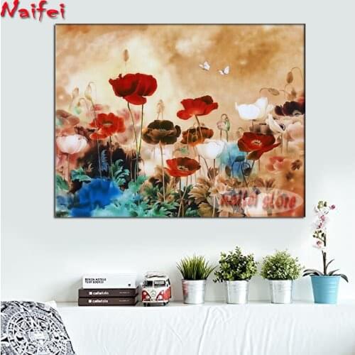5D Diamond Painting Full Square/Round Blooming Poppies Diamond Mosaic Embroidery Rhinestone Flowers Scenic Picture Home Decor