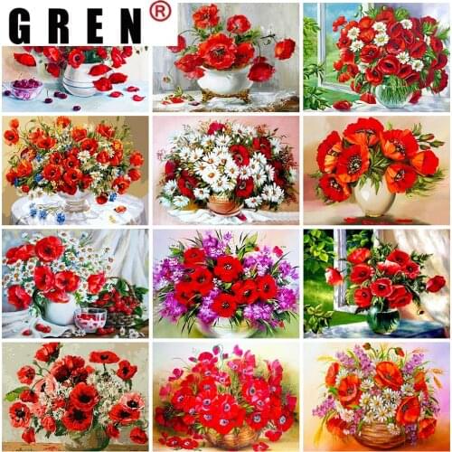 GREN Home Decor 5D DIY Diamond Painting Poppy Flower Cross Stitch Embroidery Full Square Round Rhinestone Mosaic Art Decor