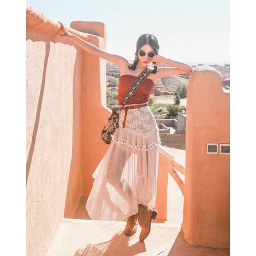 Free Shipping 2020 New Fashion Lace Guaze Long Maxi Skirts For Women Summer Style Ladies Khaki Asymmetrical A-line Skirts