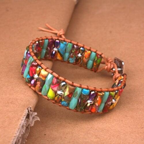 Natural Stone With Crystal Handmade Multi Color Chakra Bracelet Jewelry Tube Beads Leather Wrap Bracelet For Women Creative Gift