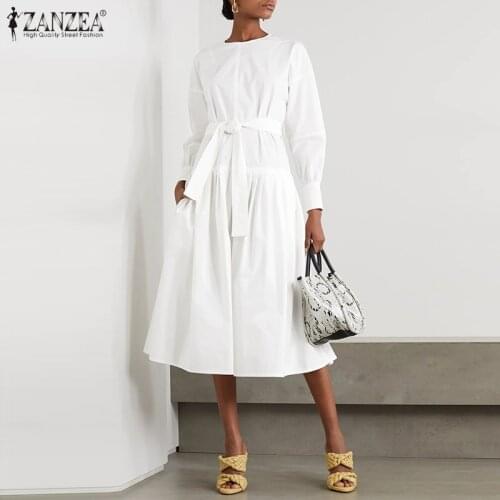 ZANZEA Elegant Office Women Dress 2021 Autumn Long Sleeve Solid Party Work Sundress Fashion Belted Midi Vestido Femme