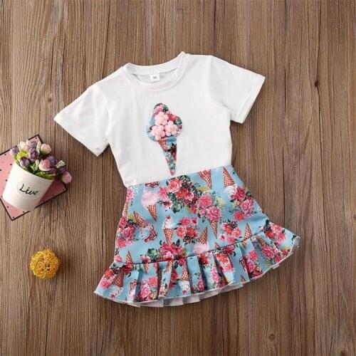 Emmababy Toddler Kids Baby Girls Short Sleeve Top T-shirt Ruffles Printed Skirts Summer Outfit Clothes Sets 2PCS Summer