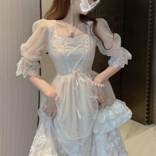 French Court Kawaii Dress Women Draw String Slim Designer Sweet Party Midi Dress Female Summer Lace Floral Casual Dress 2021 Y2k