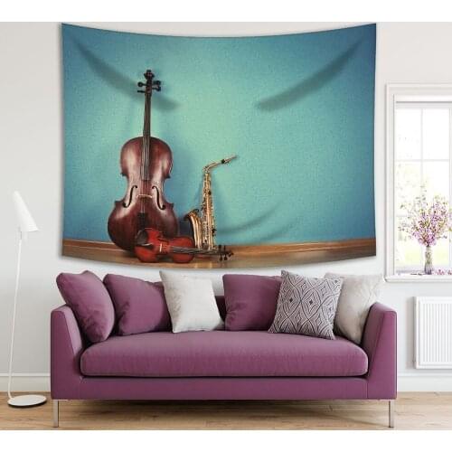 Tapestry Violin Saxophone Musical Instruments On Turquoise Wallpaper Orchestra Art Theme Photo