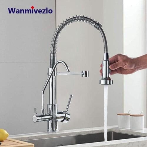 Chrome Purified Water Kitchen Faucet Deck Mount Dual Handle Drinking Water Mixer Tap 360 Swivel Spout Hot/Cold Water Crane
