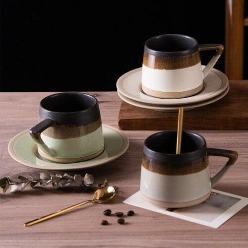 Coarse pottery coffee cup and saucer set Japanese retro fine latte coffee cup home breakfast cup afternoon tea tea set