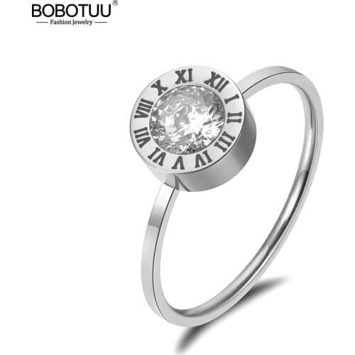 BOBOTUU Stainless Steel Jewelry Round AAA Zircon Roman Numerals Basic Models Anillos Mujer Rose Gold Color Rings Anneau BR18139
