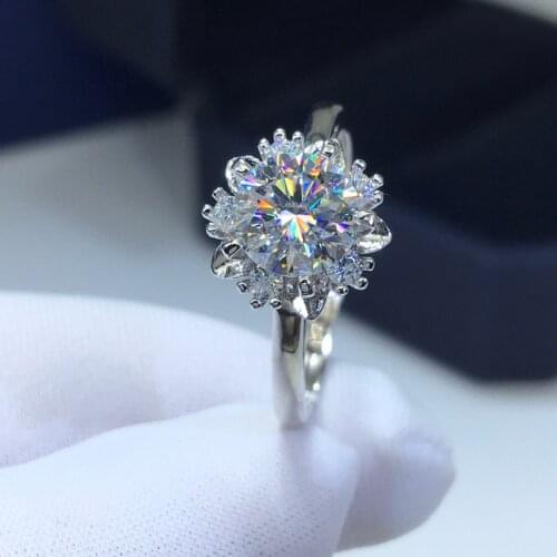 Silver 925 Original Brilliant Cut 1 Carat Diamond Test Past D Color Moissanite Flower Fairy Ring Teen Girls Gemstone Jewelry