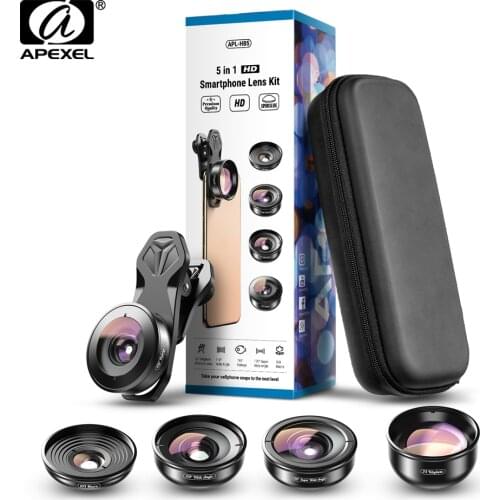 APEXEL 5in1 Mobile Phone Lens Case Kit Photography HD Fisheye Super Wide Angle 4K Macro Telescope Lens Set With CPL Star Filter