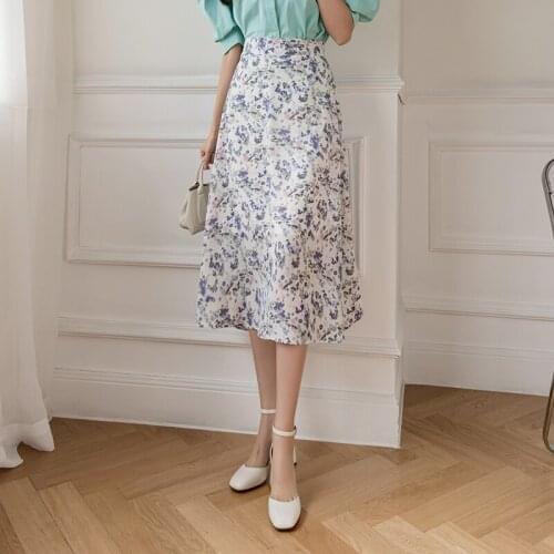 Summer printing Mid-length skirt Korean-style A-line skirt 2021High-waist Womens Elegant New Skirts