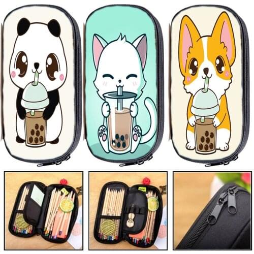 The Cute Corgi Panda Cat Drinks Milk Tea Pencil Case Kids Pen Bag School Office Supplies Stationery Kawaii Makeup Cosmetic Bags
