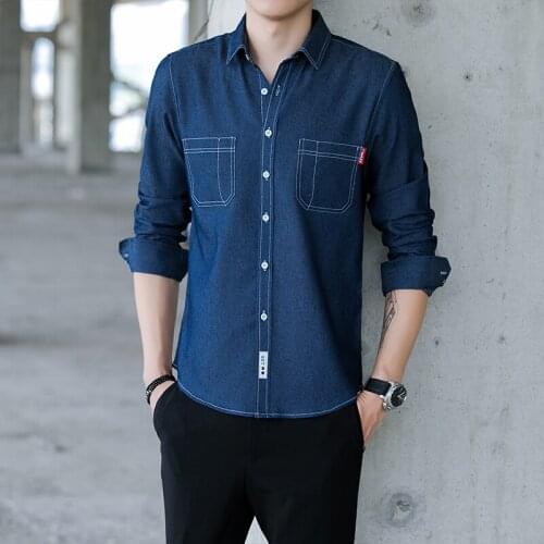 Mens New Denim Long Sleeve Pocket Shirt Classic Business Office Design Casual Work Clothes High Quality Denim Menswear
