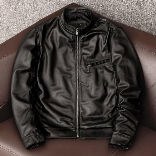 New Korean handsome simple leather jacket pure head layer sheepskin leather coat mens Casual Short stand collar coat