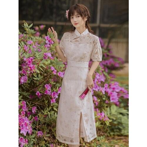 2021 Summer New Womens Chinese Style Retro Printed Cheongsam Dress Literary Girl Temperament Was Thin Mid-Length Dress