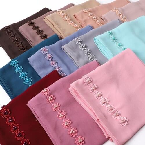 New Designer Lace Hijab Bubble Chiffon Scarf Women Solid Color Muslim Shawls Hijabs Headband Islamic Headscarf Turban Foulard