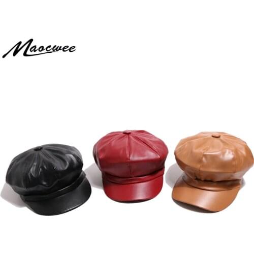 Autumn Retro literary female hat Leather octagonal cap Pu high quality winter Painter hats