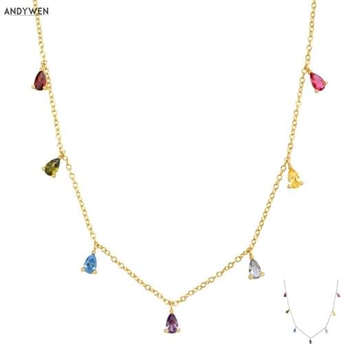 ANDYWEN 925 Sterling Silver Gold Seven Ovals Zircon Choker Necklace Long Chain Women Fashion Luxury Jewelry European Party