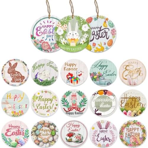 Happy Easter Wooden Sign Round Plaque Rabbit Eggs Hunt Theme Home Decor Wall Door Garden Decoration Plate