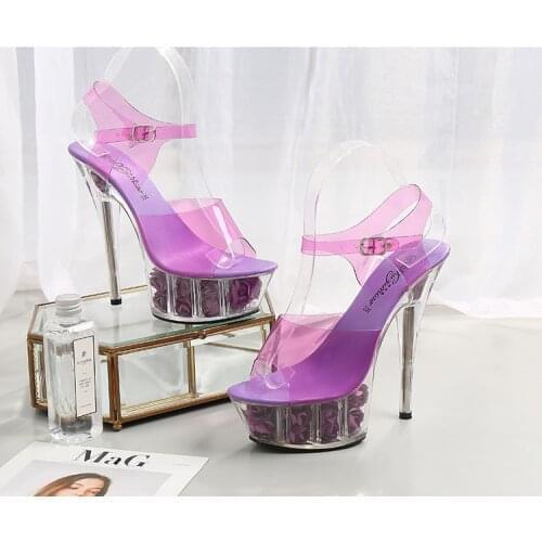 Pinky color Shoes Woman New Summer High heels 15cm High Thin Heels Rose Flowers 6 Color Transparent Crystal Sandalia feminin