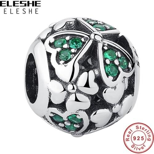 Lucky Clover Heart Charm 925 Sterling Silver Green Crystal CZ Fashion Beads Fit Original Charm Bracelet Jewelry Making