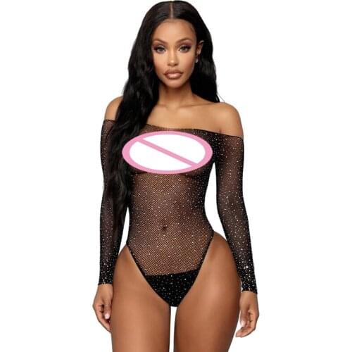 Sexy Fishnet Rhinestone Lace V Neck Bodysuit Women Hollow Out Crotch Open Mesh Teddy Stretch One Piece Leotard Roleplay Bodycon