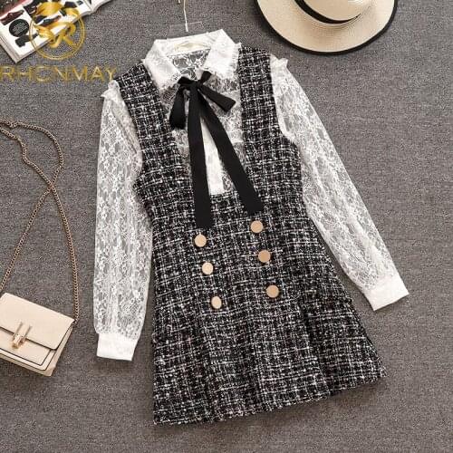 2021 Spring Autumn 2 Piece Set Dress Women Ruffles Bow Shirt Lace Top+Plaid Sleeveless Tweed Vest Dress Double Breasted Overalls