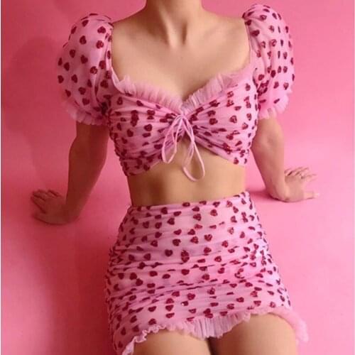 2 Pcs Summer Womens Dress suit Printed Love Short Crop Tops Package Hip Skirt Sets Sweet V Neck Lace Up Outfits Holiday 2021