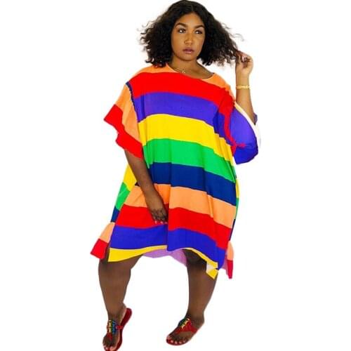 Rainbow Striped Sexy Plus Size Dress Women Round Neck Short Ruffle Sleeve Loose Dress Summer Irregular Knee-Length Beach Dress