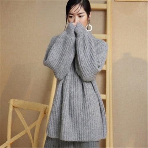 100%hand made wool knit women streetwear turtleneck lantern sleeve solid thick H-straight pullover sweater one&over size