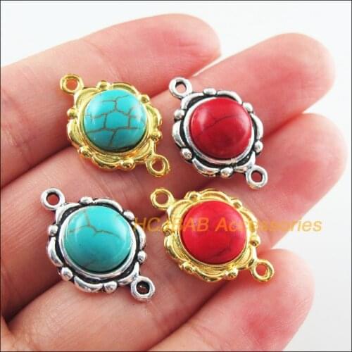 12Pcs Retro Gold Color Tibetan Silver Tone Flower Round Blue&Red Stone Charms Connectors 15x23mm