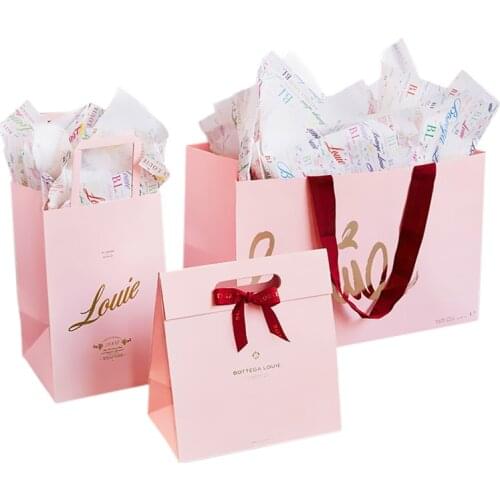 500pcs/Lot Top Quality Eco-friendly Hand Bag Pink Shopping Bags Customized Gift Paper Bag with Ribbon Handle and Bow Tie