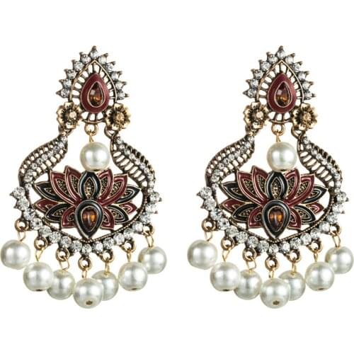 Afghan Metal Enamel Lotus Flower Handmade Pearl Beads Indian Jhumki Jhmuka Earrings Fashion Xmas Bridal Party Indian Jewelry