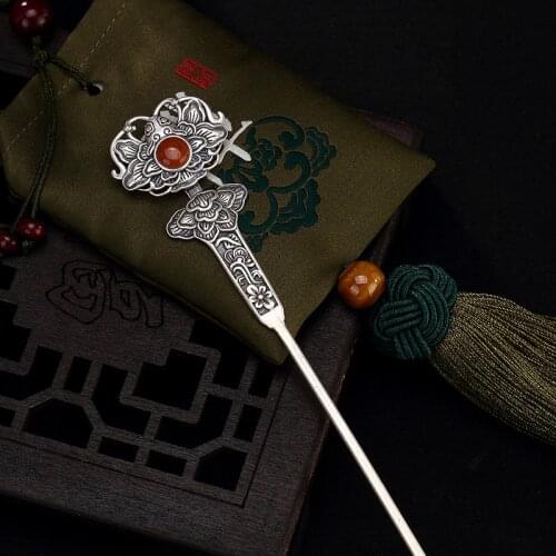 Hanfu Hair Accessory 925 Sterling Silver Hair Sticks Red Agate Natural Stone Vintage Chinese Hairpin Butterfly Peony Flower