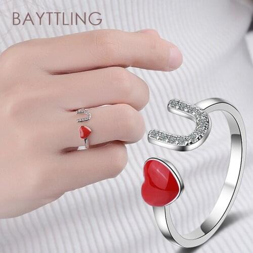 BAYTTLING 925 Sterling Silver Red U-shaped Zircon Heart Open Ring For Woman Fashion Party Gift Couple Jewelry
