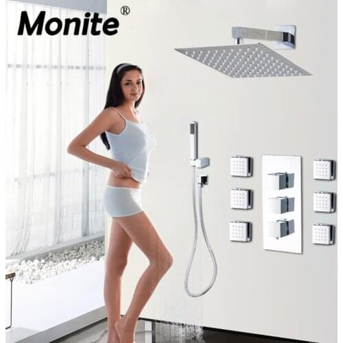 Thermostatic 8 10 12 16 Shower Head Wall Mounted LED Square Brass Rainfall Shower Set New 6 Jets Rainfall Bathroom Shower Kit